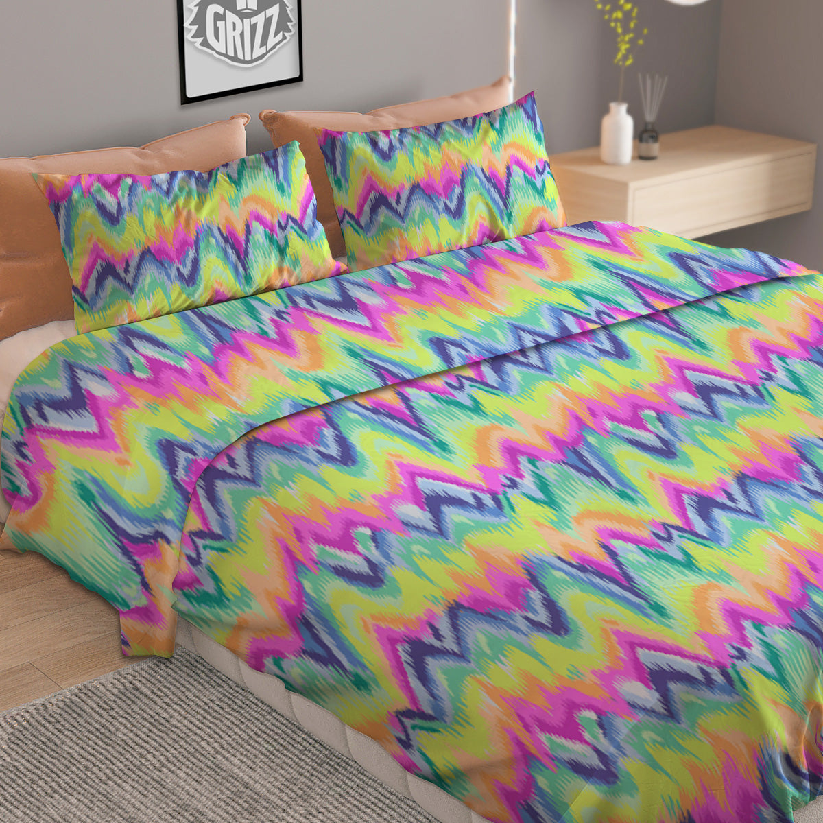 Tie Dye Zigzag Rainbow Print Pattern Duvet Cover Bedding Set