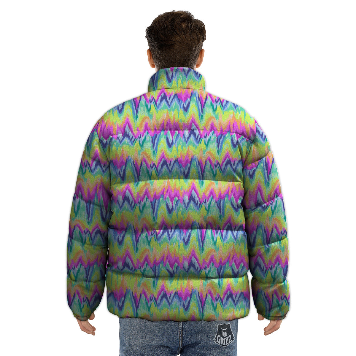 Tie Dye Zigzag Rainbow Print Pattern Puffer Jacket-grizzshop