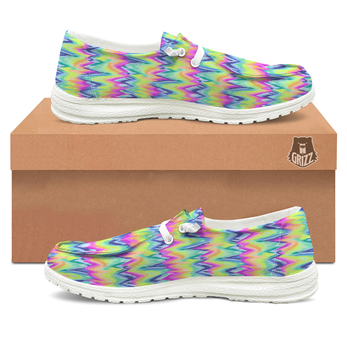 Tie Dye Zigzag Rainbow Print Pattern White Loafers-grizzshop
