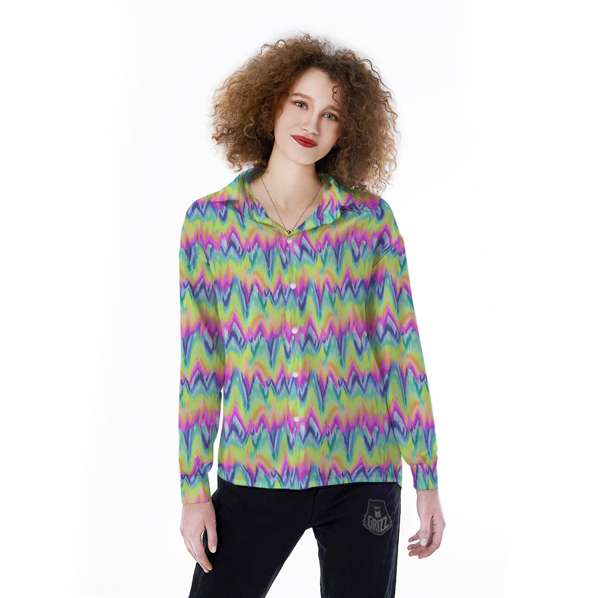 Tie Dye Zigzag Rainbow Print Pattern Women's Long Sleeve Shirts-grizzshop