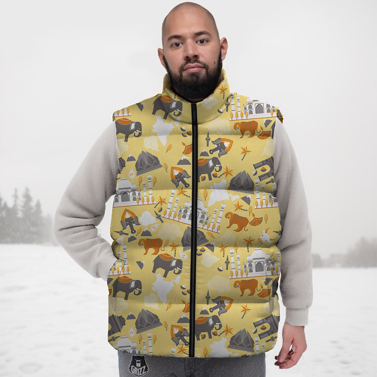 Tiger And Asian Elephant Print Down Vest