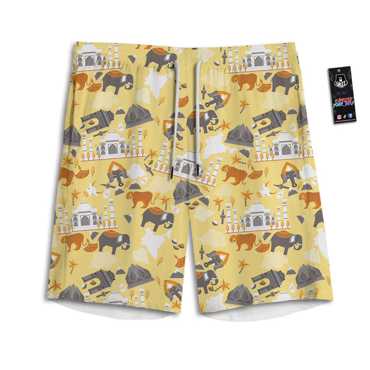 Tiger And Asian Elephant Print Men's Athletic Shorts