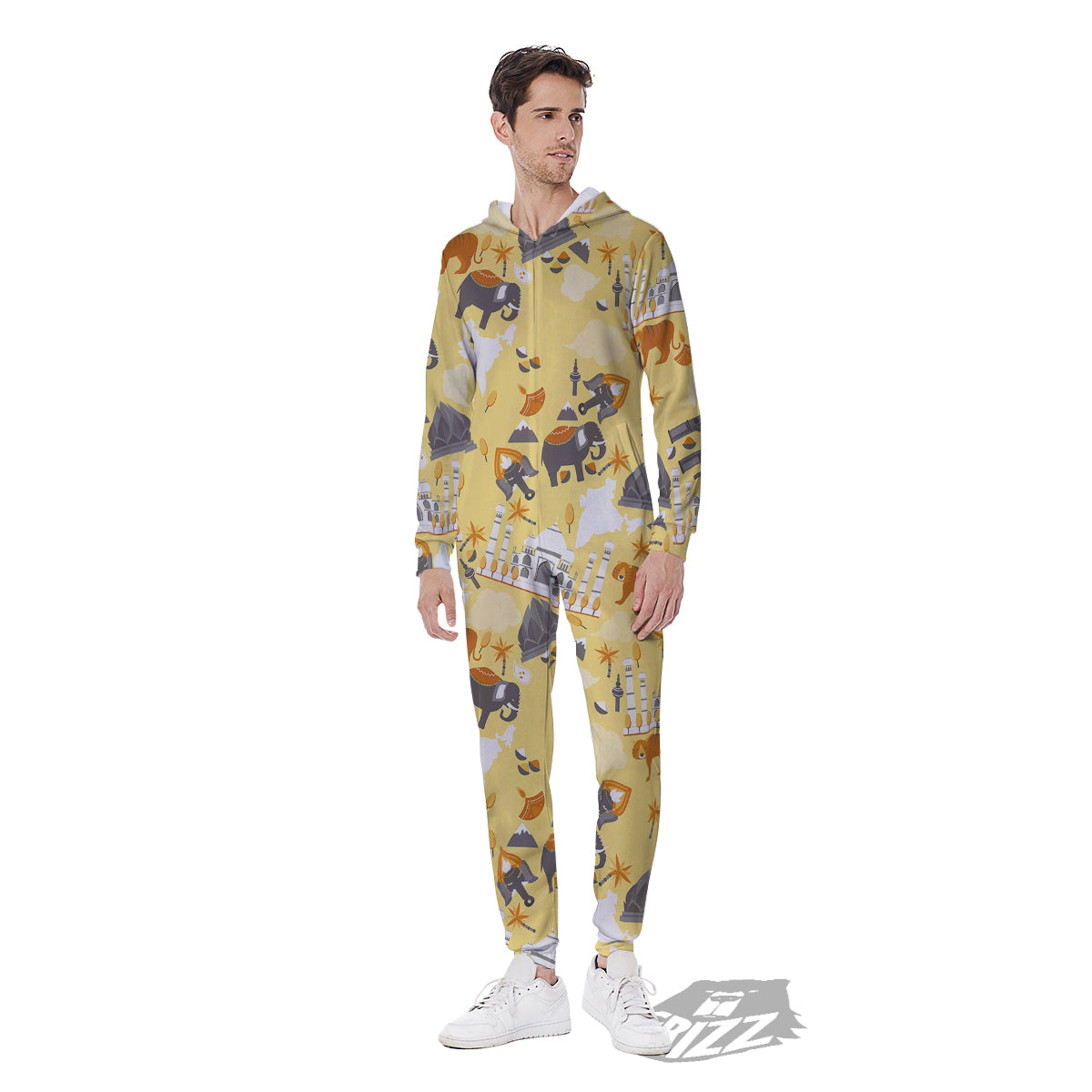 Tiger And Asian Elephant Print Men's Jumpsuit-grizzshop