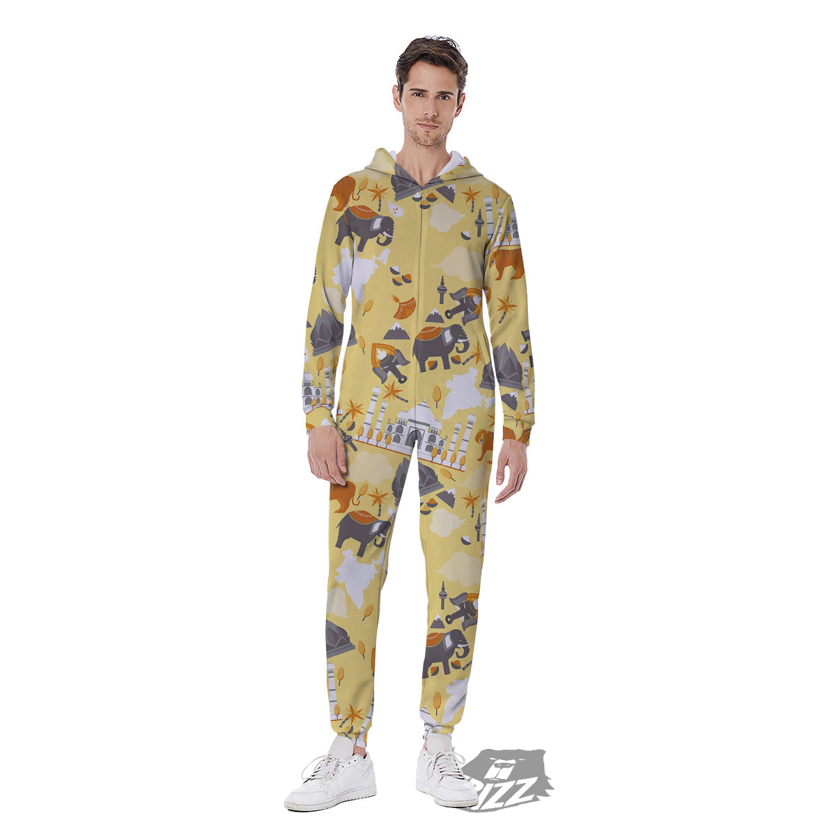 Tiger And Asian Elephant Print Men's Jumpsuit-grizzshop