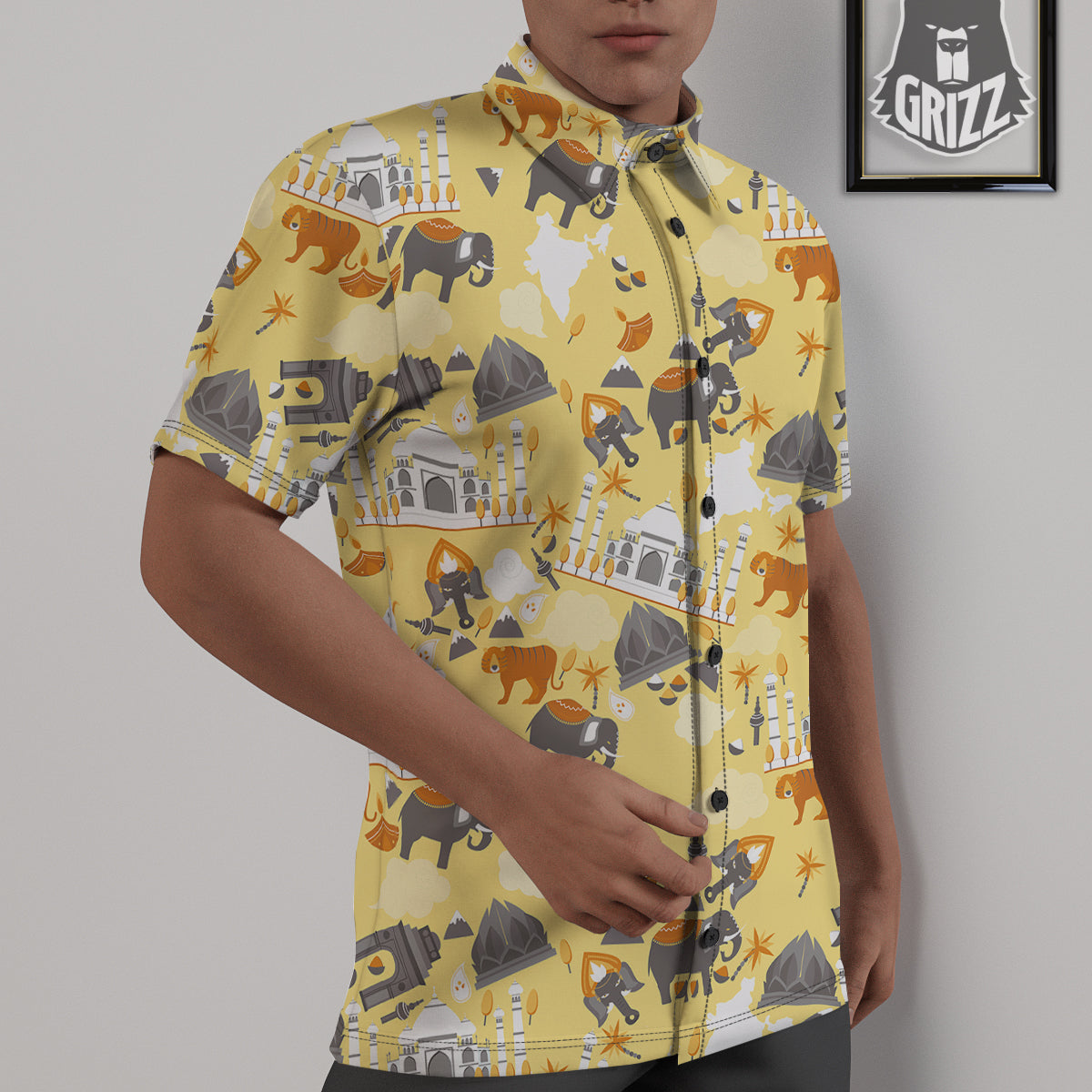 Tiger And Asian Elephant Print Untucked Shirts-grizzshop
