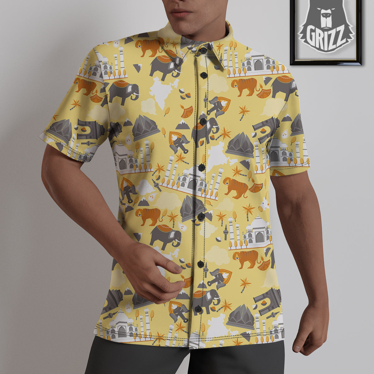 Tiger And Asian Elephant Print Untucked Shirts-grizzshop
