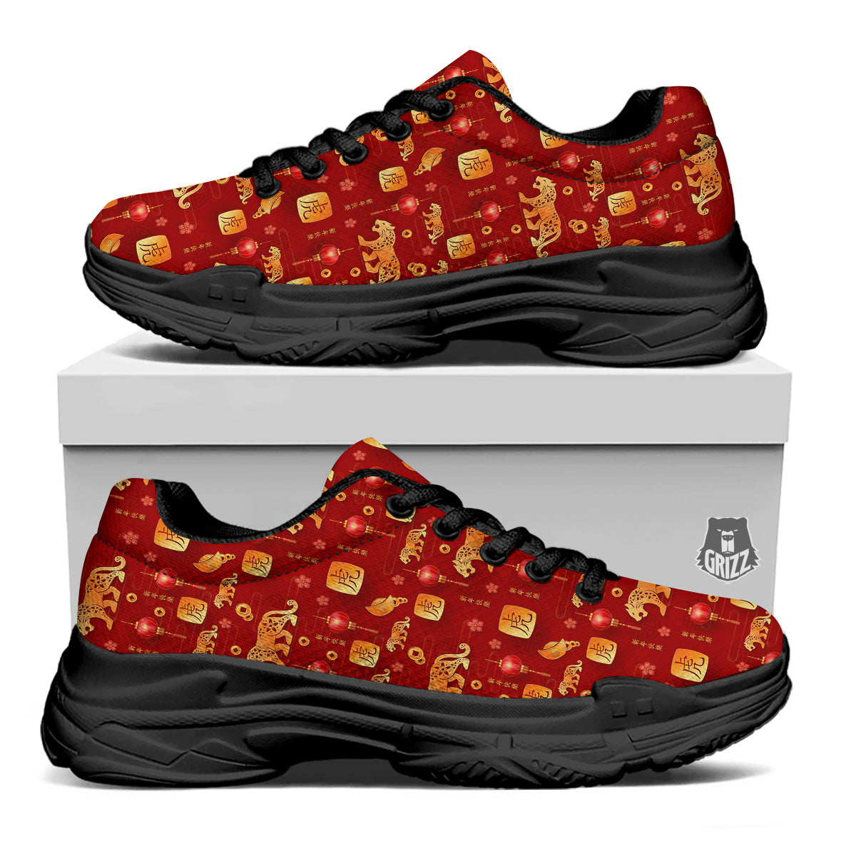 Tiger And Chinese New Year Print Pattern Black Chunky Shoes-grizzshop