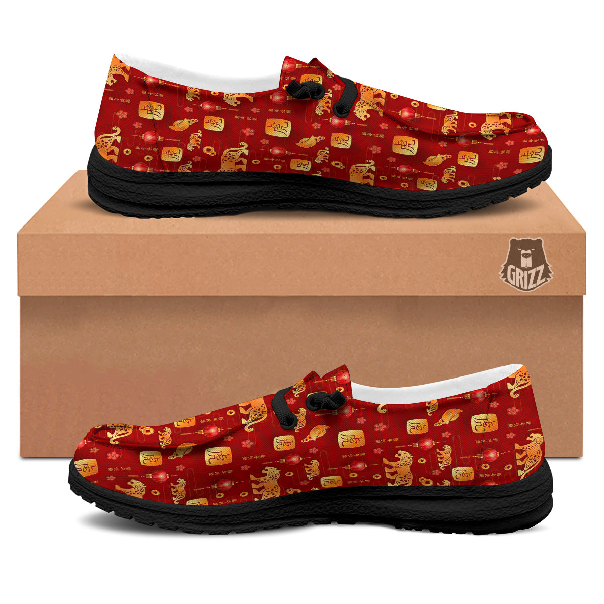 Tiger And Chinese New Year Print Pattern Black Loafers-grizzshop