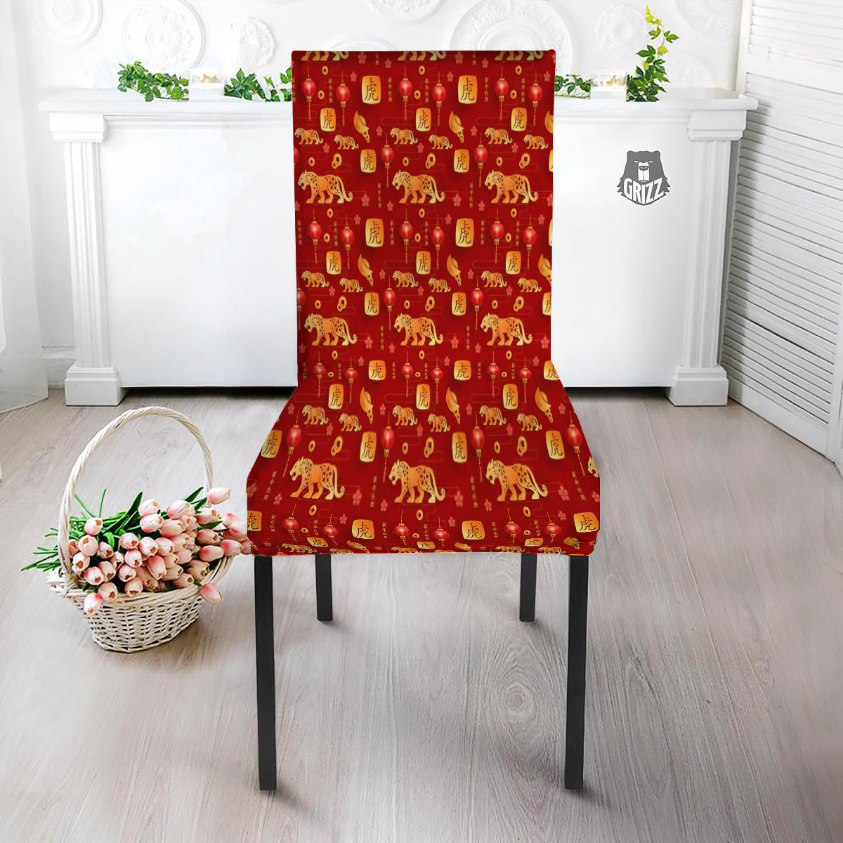 Tiger And Chinese New Year Print Pattern Dining Chair Slipcover-grizzshop