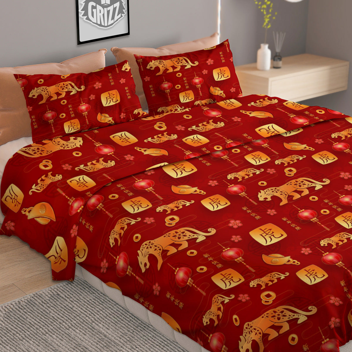 Tiger And Chinese New Year Print Pattern Duvet Cover Bedding Set