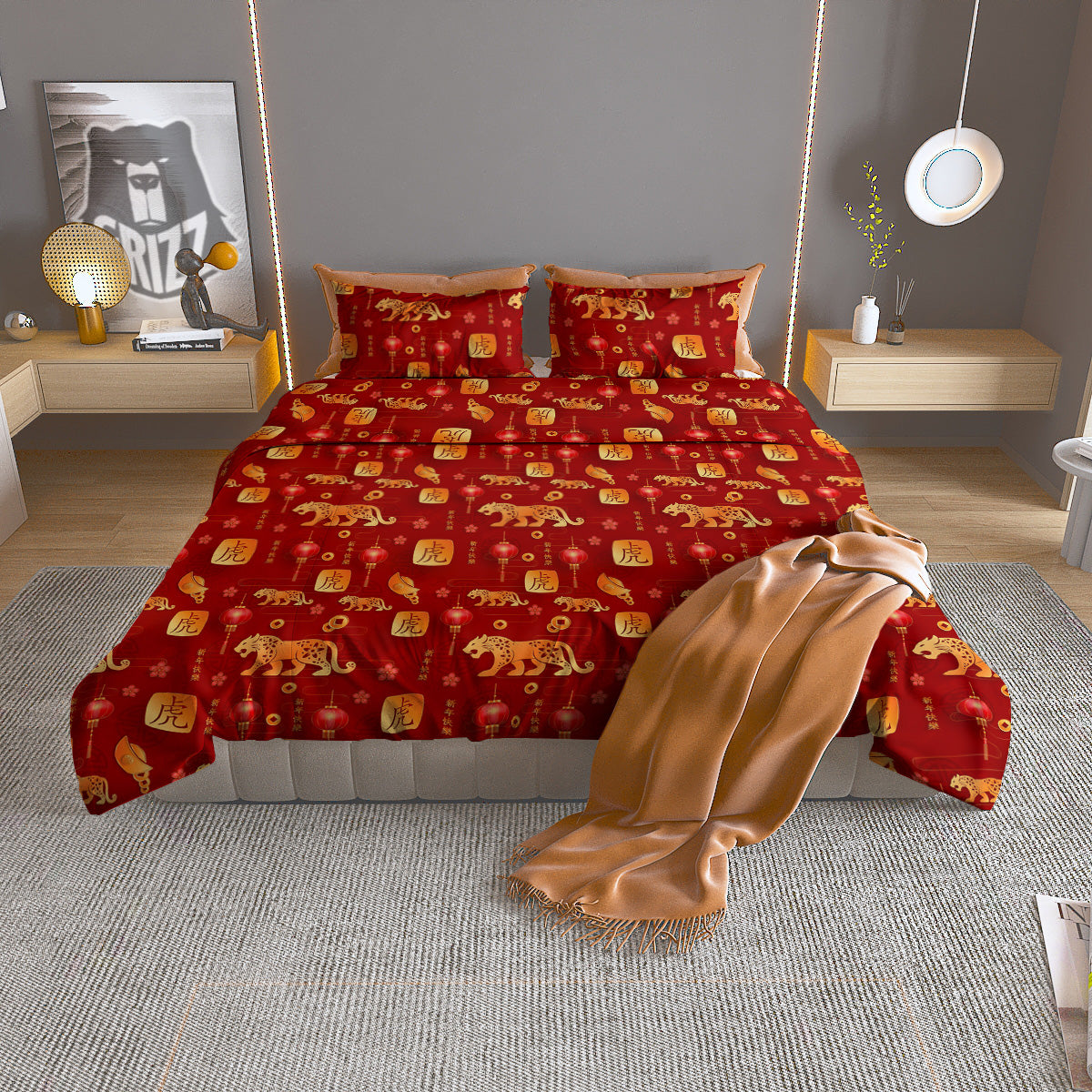 Tiger And Chinese New Year Print Pattern Duvet Cover Bedding Set