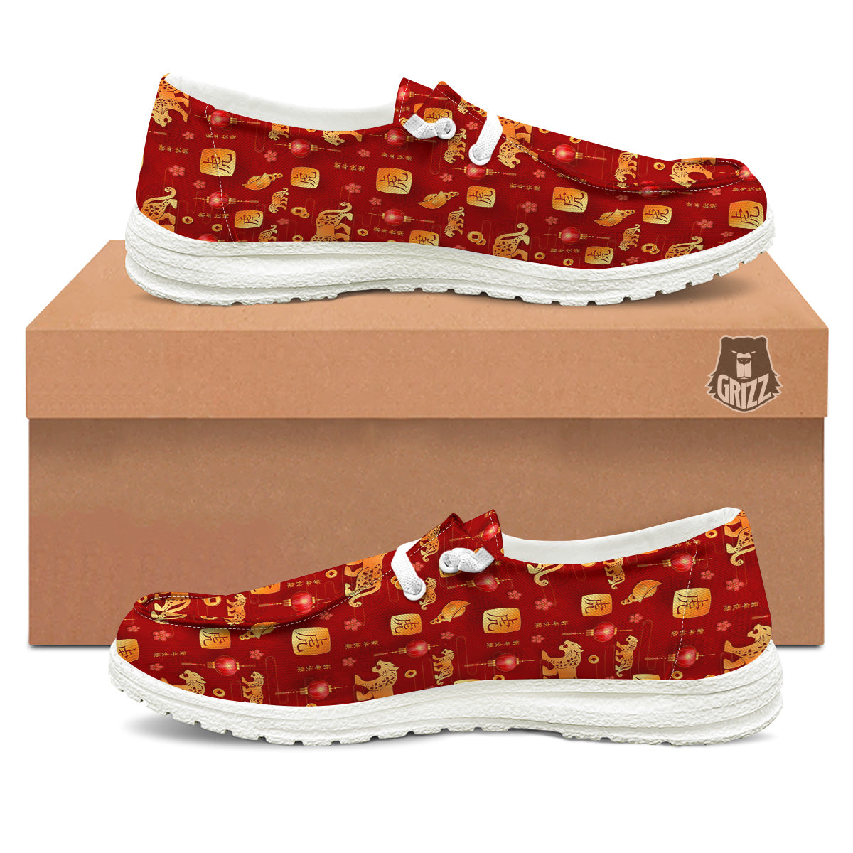 Tiger And Chinese New Year Print Pattern White Loafers-grizzshop