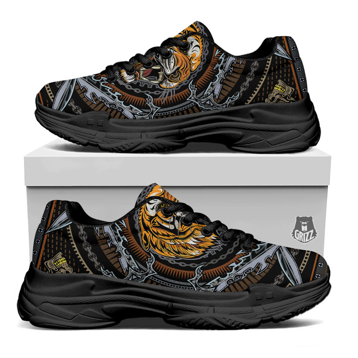 Tiger And Crossed Swords Print Black Chunky Shoes-grizzshop