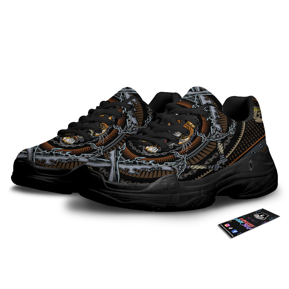 Tiger And Crossed Swords Print Black Chunky Shoes-grizzshop