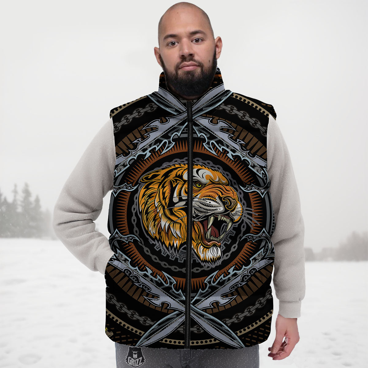 Tiger And Crossed Swords Print Down Vest