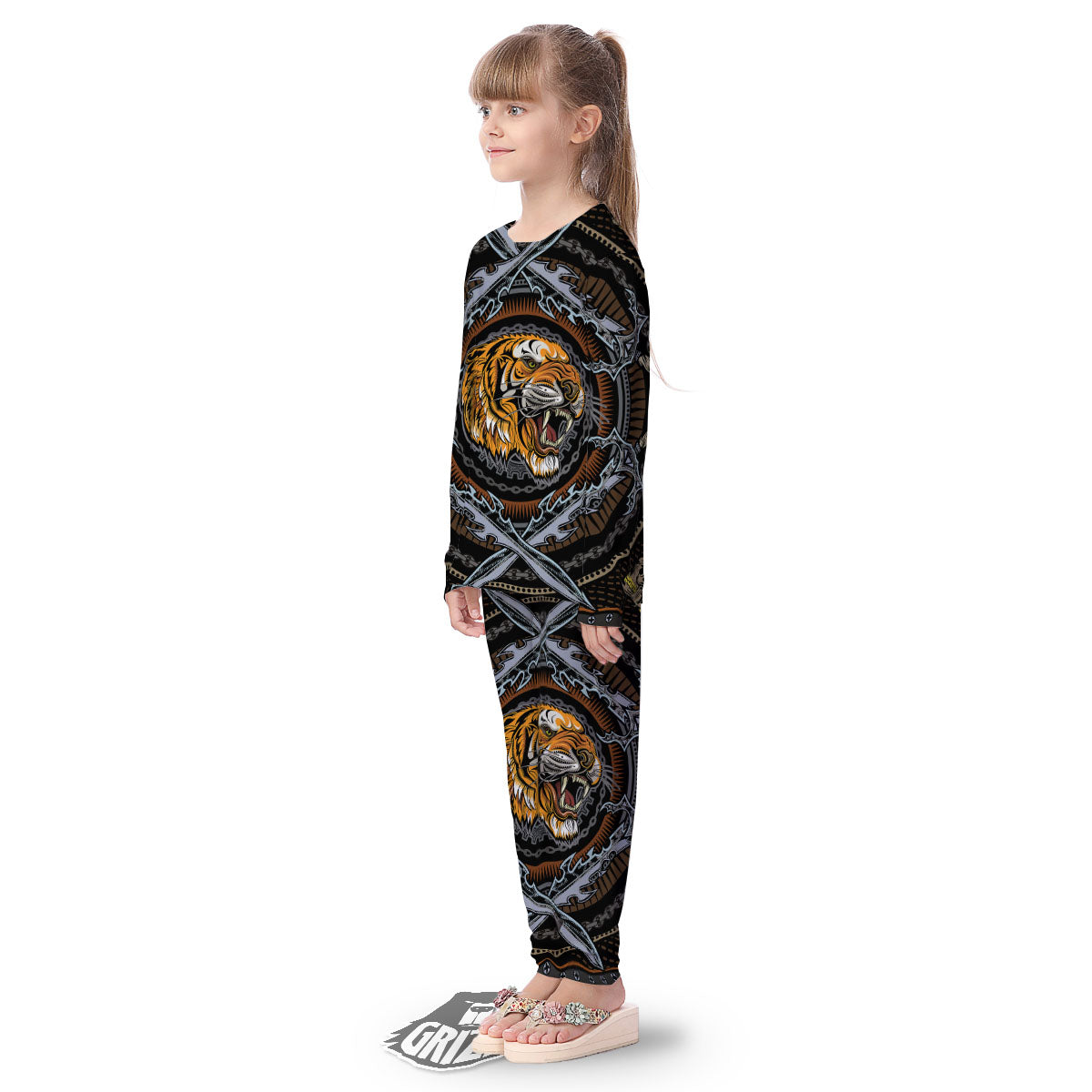Tiger And Crossed Swords Print Kid's Pajamas-grizzshop