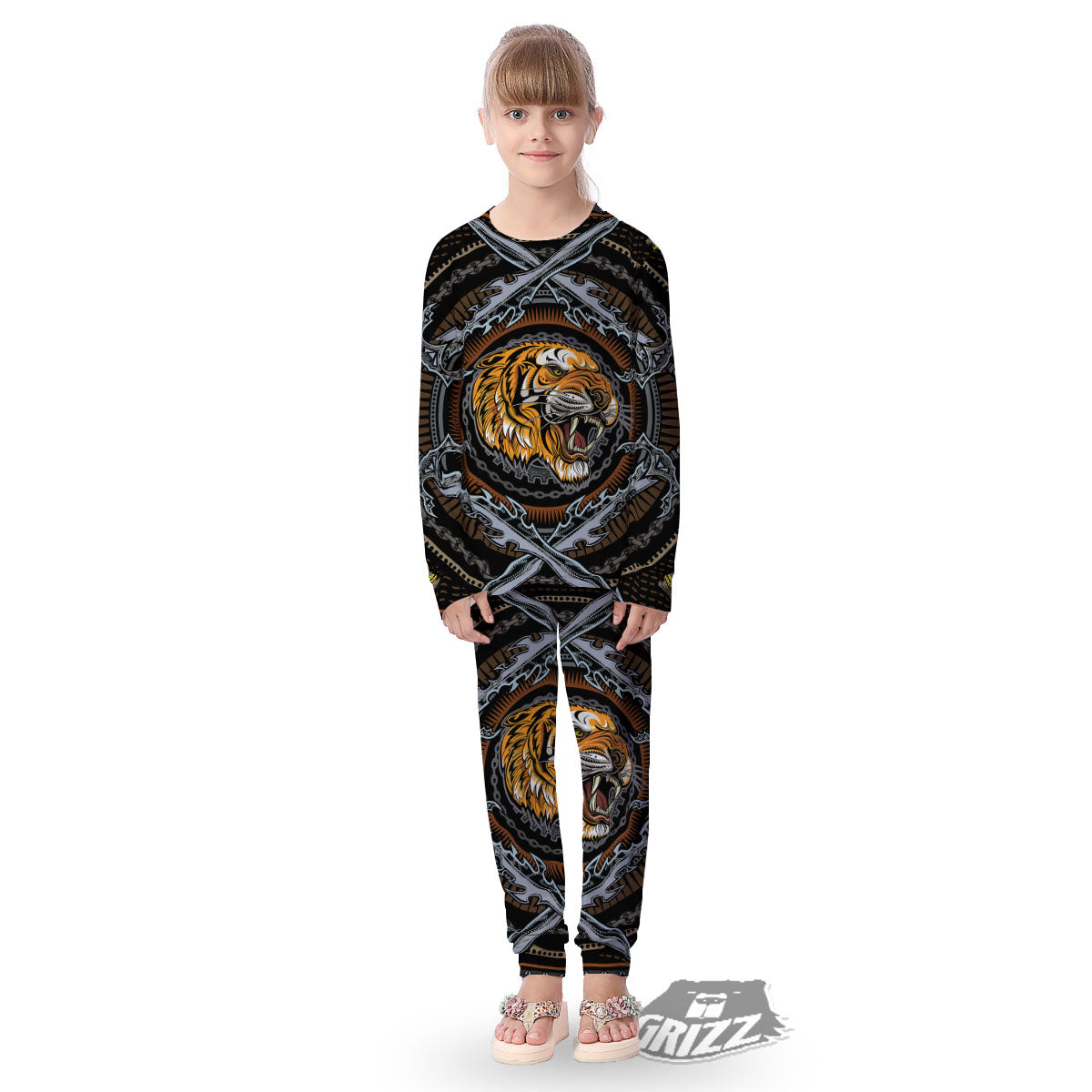 Tiger And Crossed Swords Print Kid's Pajamas-grizzshop