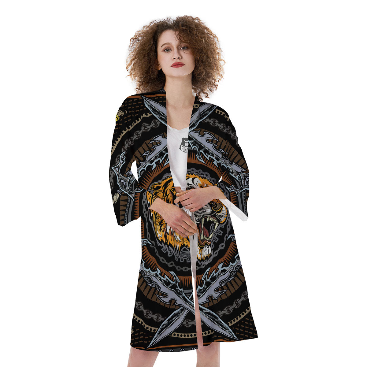 Tiger And Crossed Swords Print Kimono-grizzshop