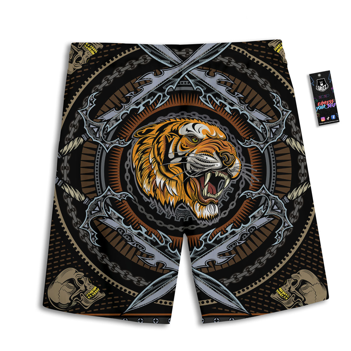 Tiger And Crossed Swords Print Men's Athletic Shorts