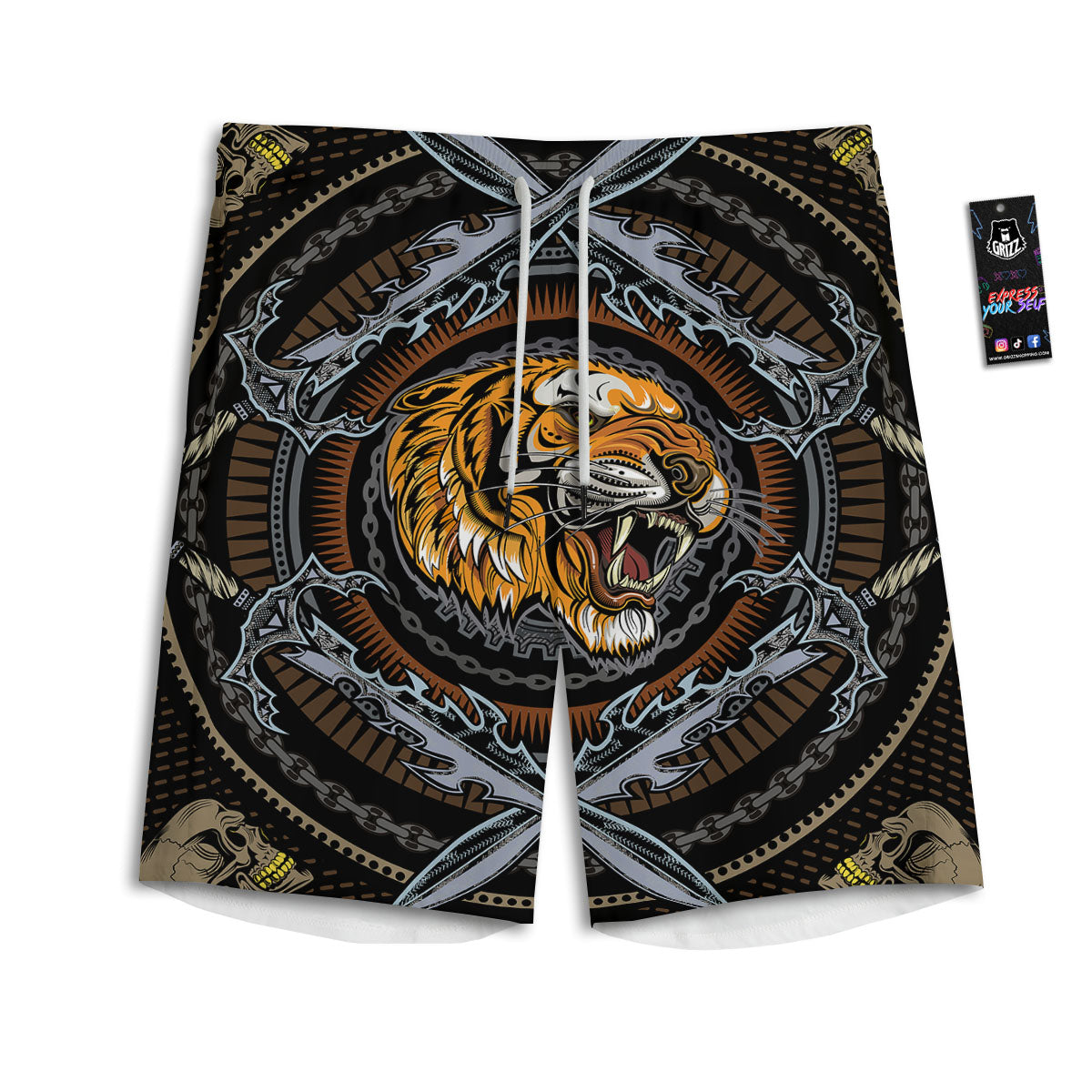Tiger And Crossed Swords Print Men's Athletic Shorts
