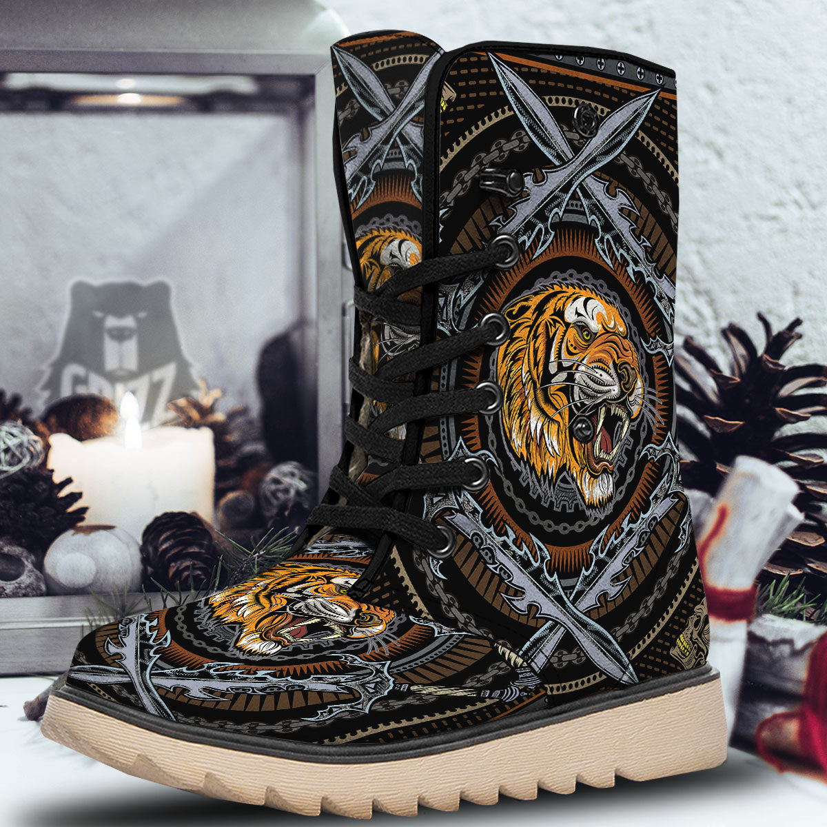 Tiger And Crossed Swords Print Snow Boots-grizzshop