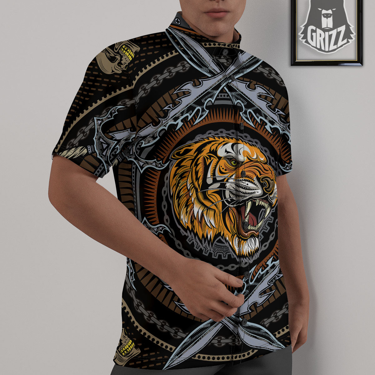 Tiger And Crossed Swords Print Untucked Shirts-grizzshop