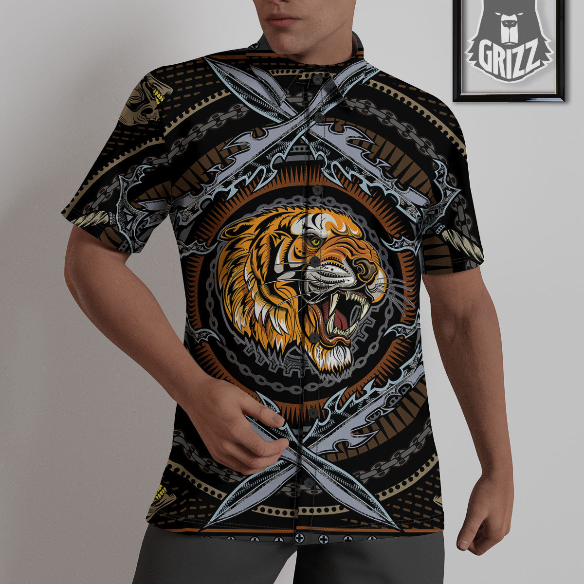 Tiger And Crossed Swords Print Untucked Shirts-grizzshop
