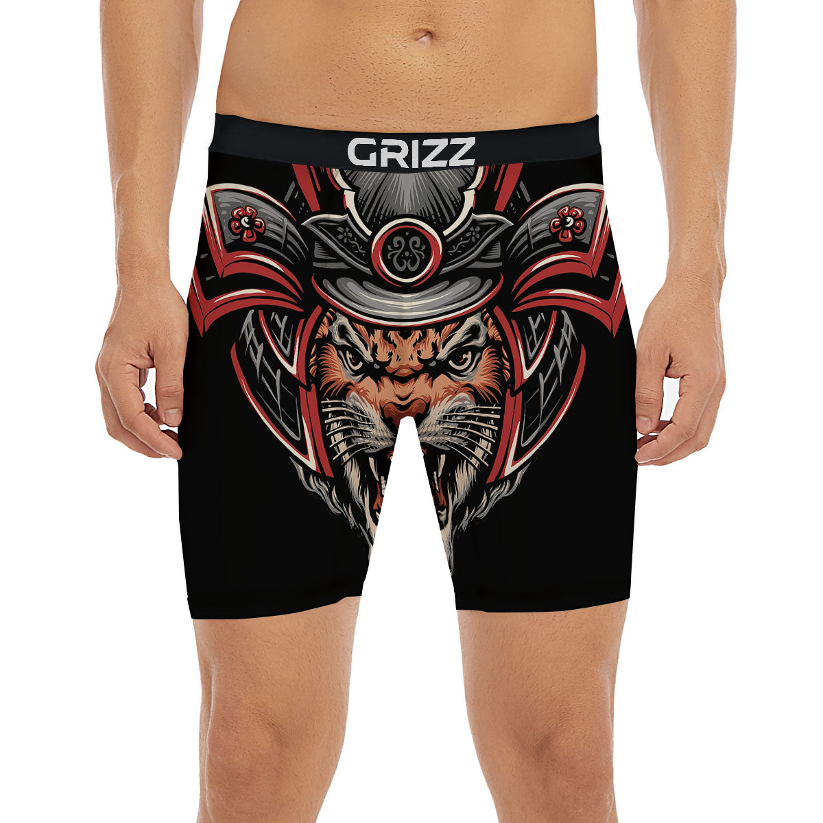 Tiger And Japanese Samurai Print Boxer Briefs-grizzshop