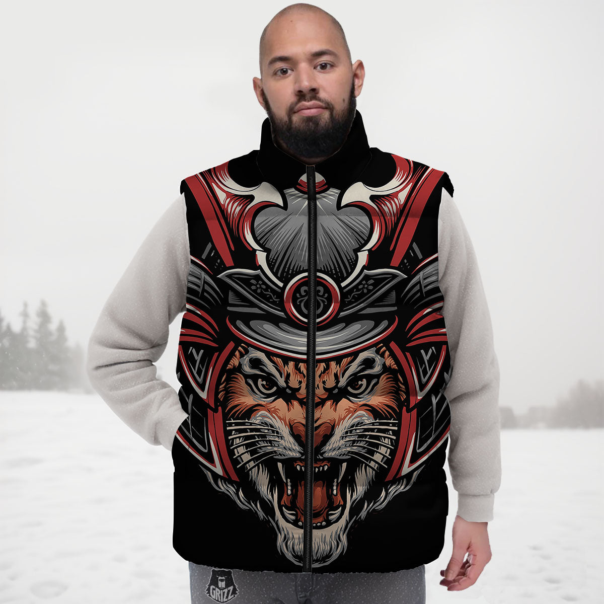 Tiger And Japanese Samurai Print Down Vest