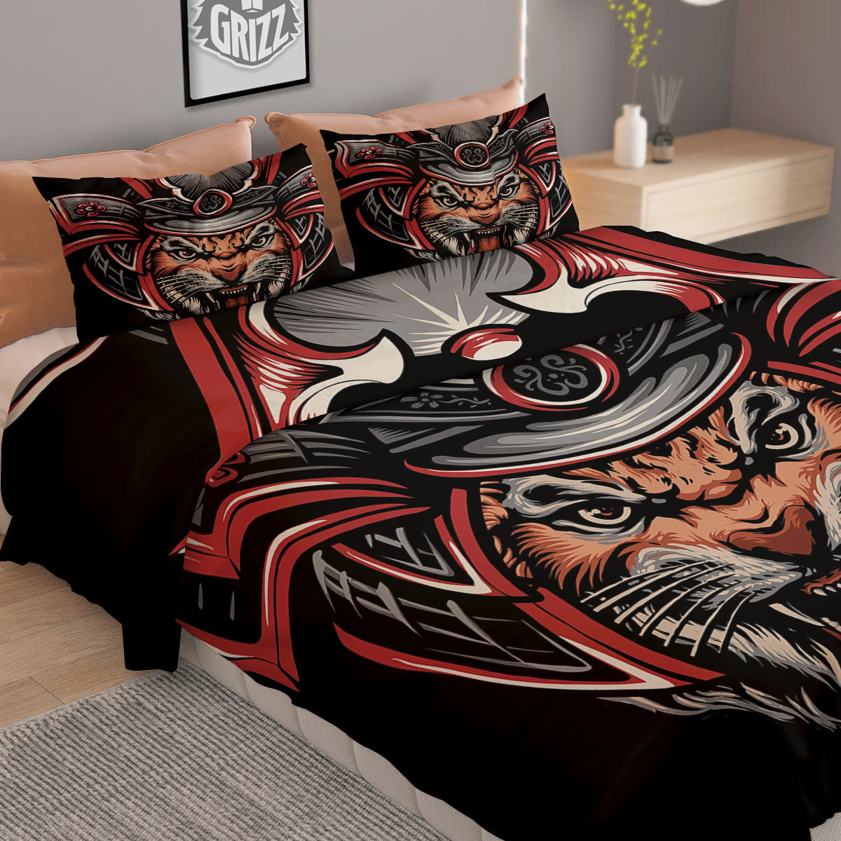 Tiger And Japanese Samurai Print Duvet Cover Bedding Set