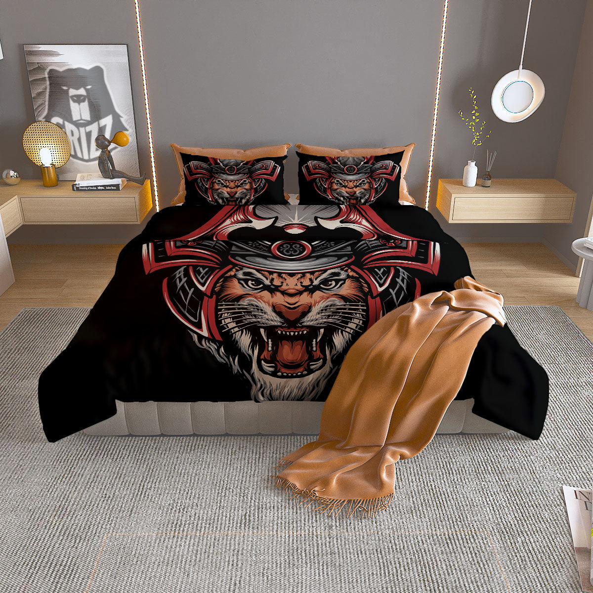 Tiger And Japanese Samurai Print Duvet Cover Bedding Set