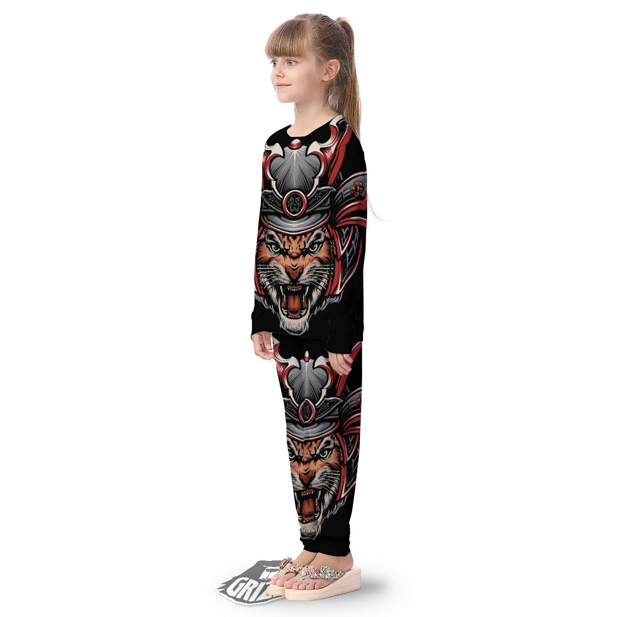 Tiger And Japanese Samurai Print Kid's Pajamas-grizzshop
