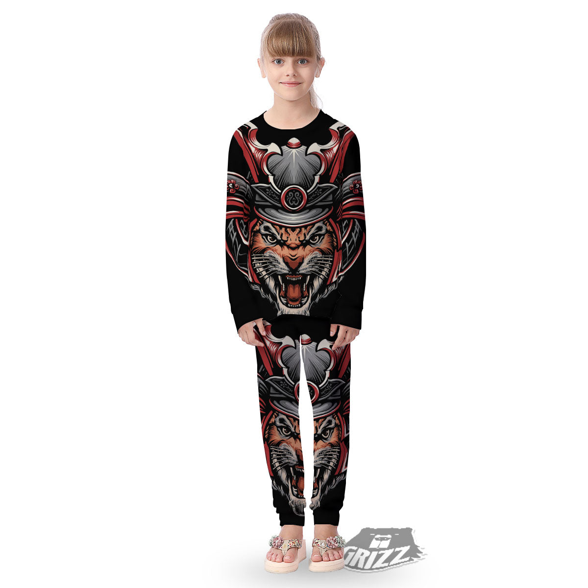 Tiger And Japanese Samurai Print Kid's Pajamas-grizzshop