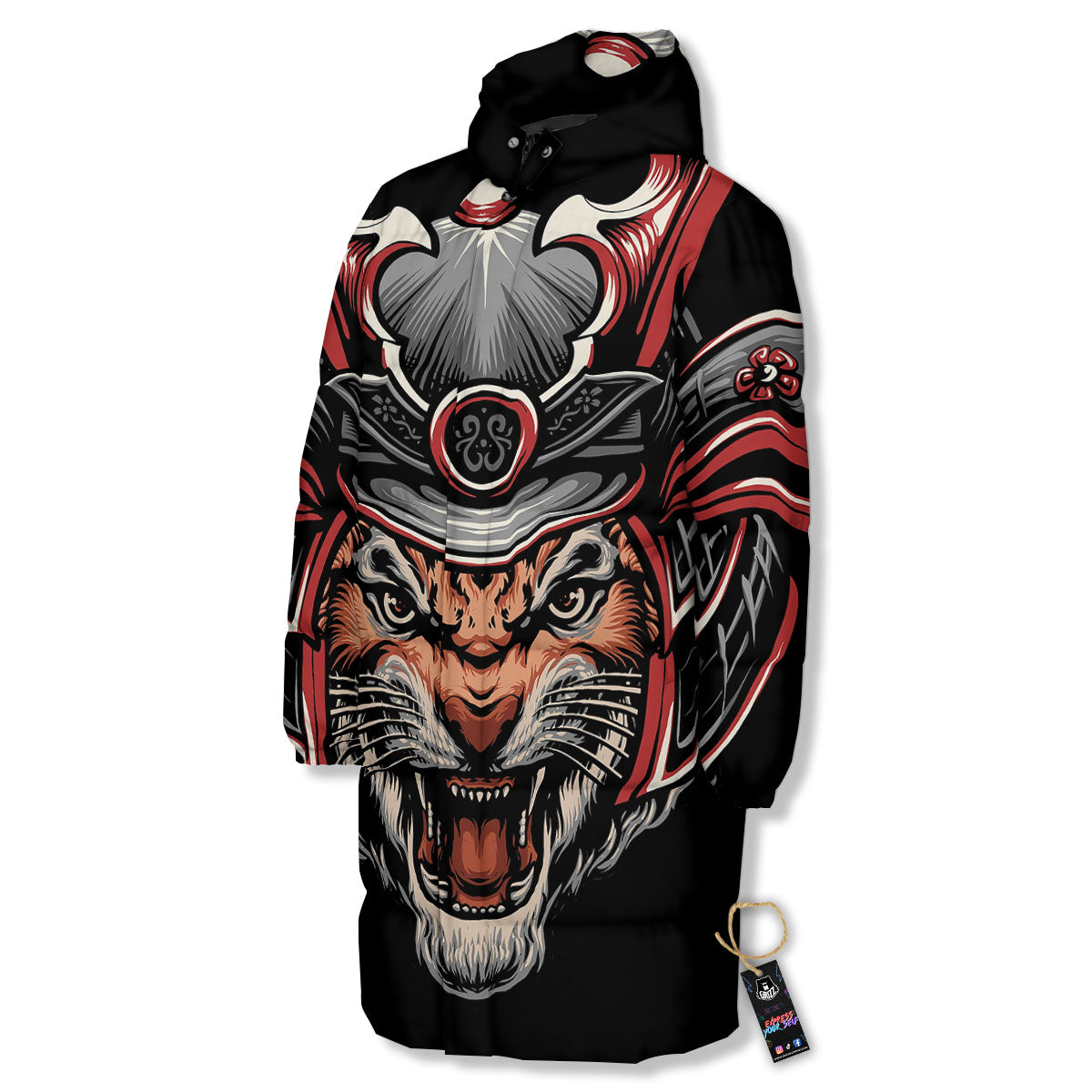 Tiger And Japanese Samurai Print Long Down Jacket-grizzshop