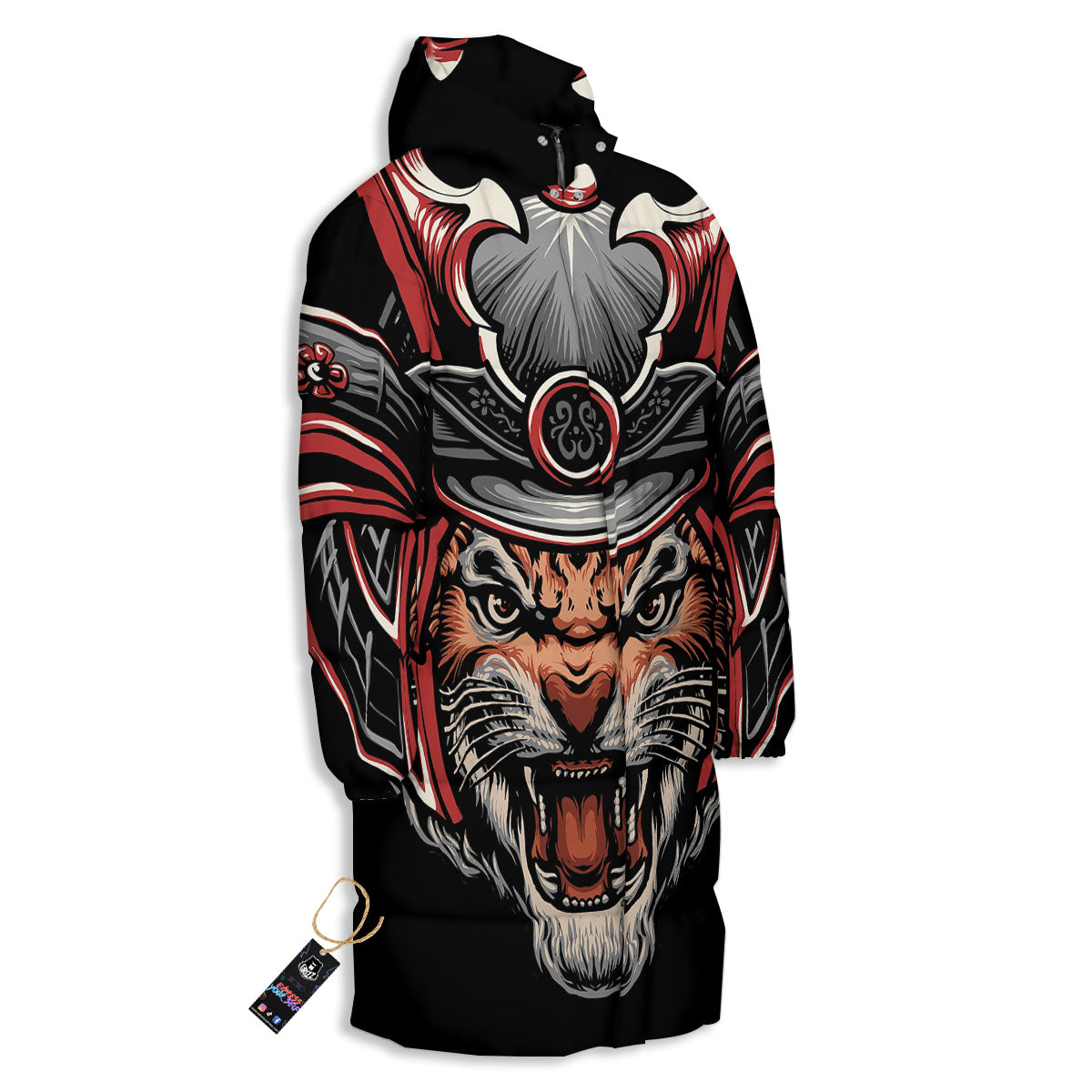 Tiger And Japanese Samurai Print Long Down Jacket-grizzshop