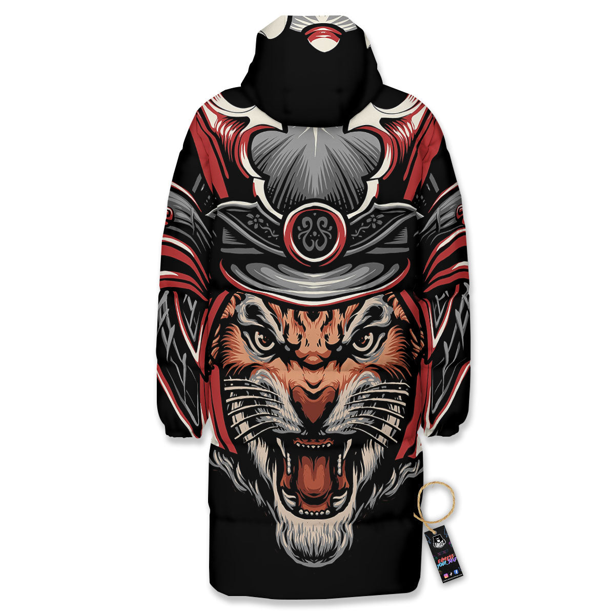 Tiger And Japanese Samurai Print Long Down Jacket-grizzshop