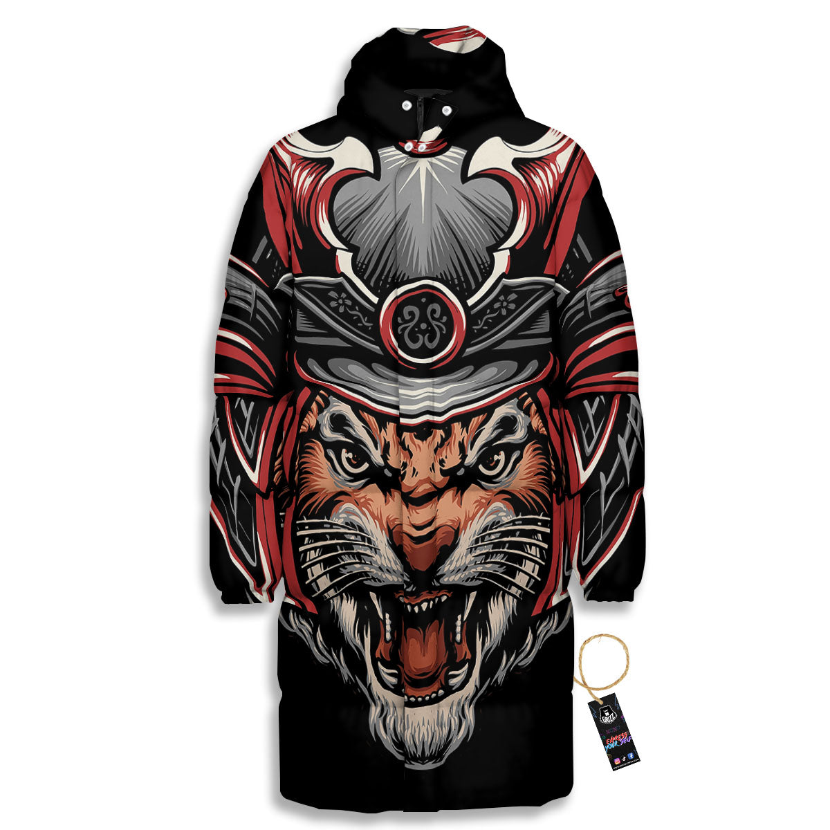 Tiger And Japanese Samurai Print Long Down Jacket-grizzshop