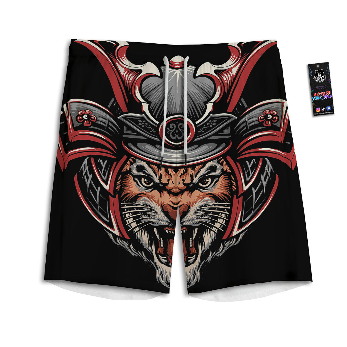 Tiger And Japanese Samurai Print Men's Athletic Shorts