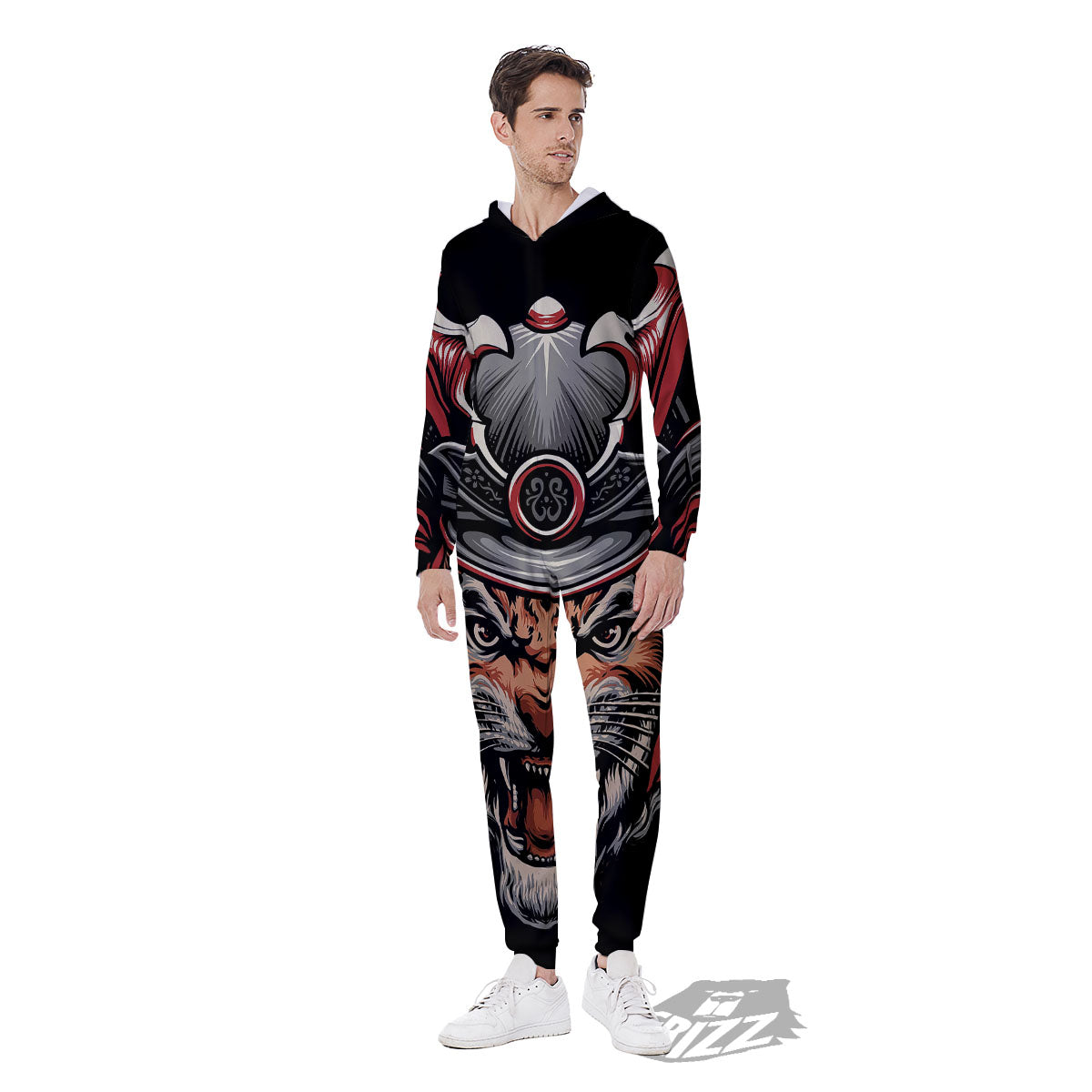 Tiger And Japanese Samurai Print Men's Jumpsuit-grizzshop