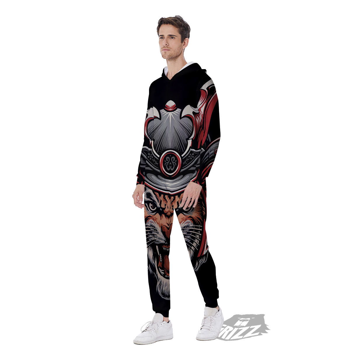 Tiger And Japanese Samurai Print Men's Jumpsuit-grizzshop