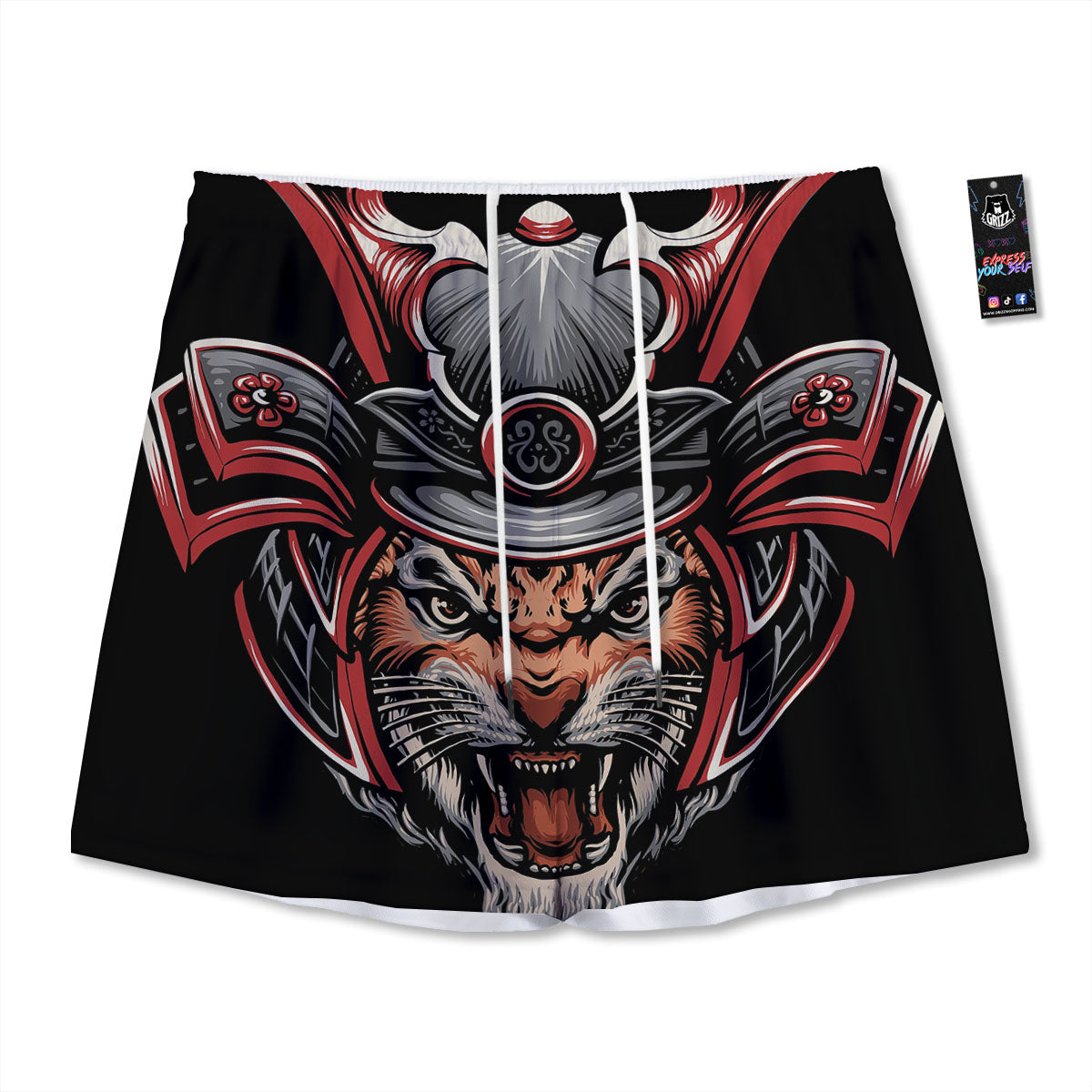 Tiger And Japanese Samurai Print Mesh Shorts