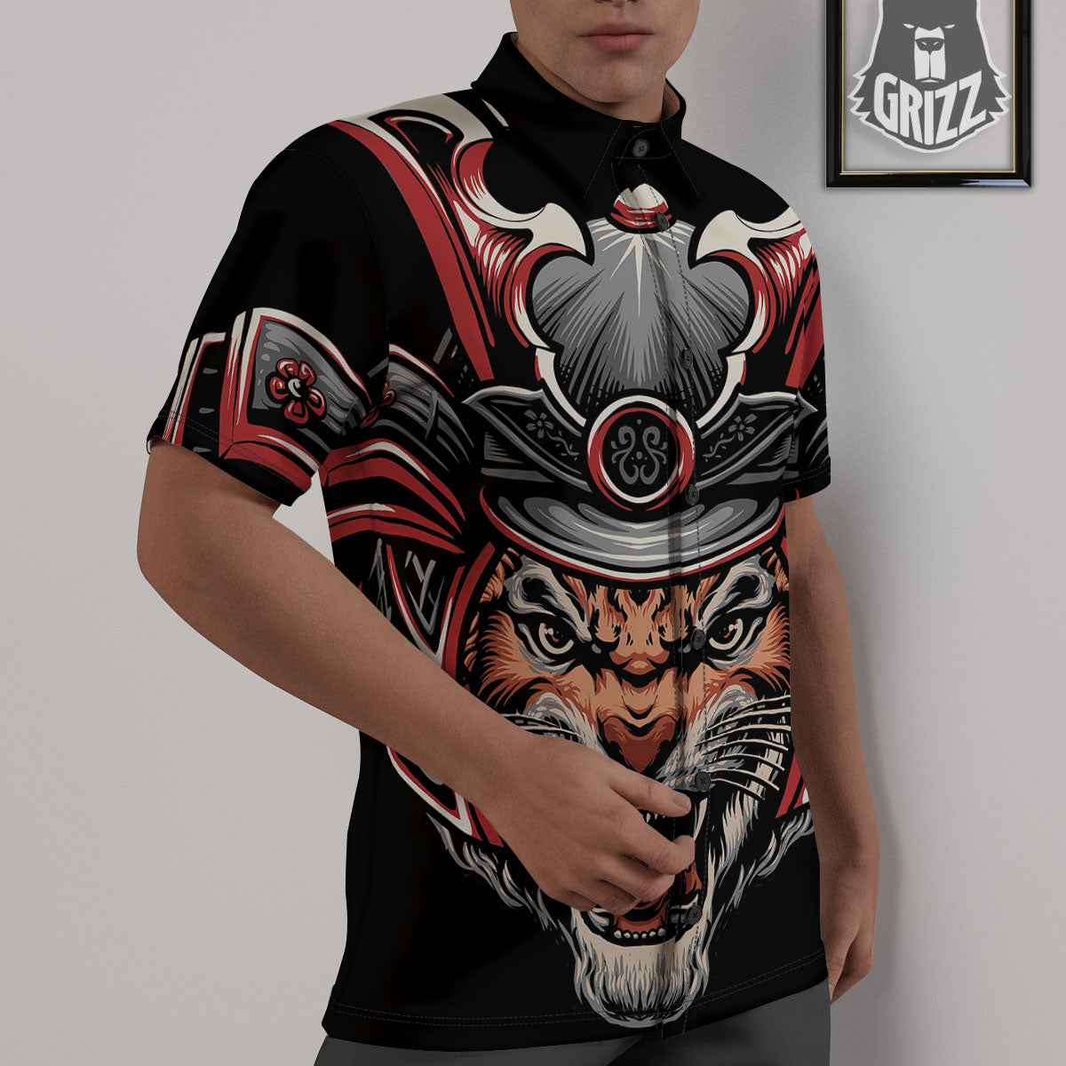 Tiger And Japanese Samurai Print Untucked Shirts-grizzshop