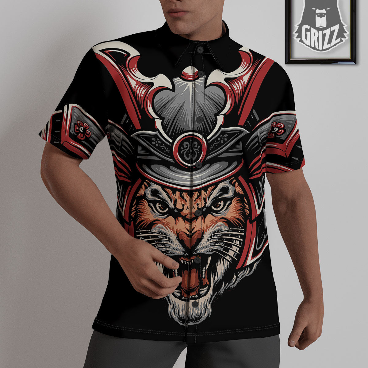 Tiger And Japanese Samurai Print Untucked Shirts-grizzshop