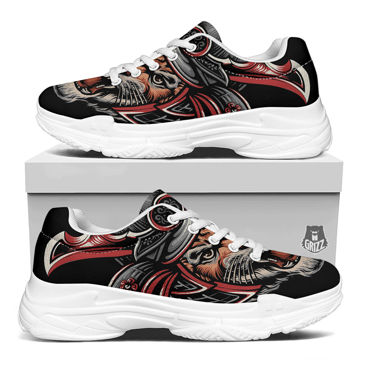 Tiger And Japanese Samurai Print White Chunky Shoes-grizzshop