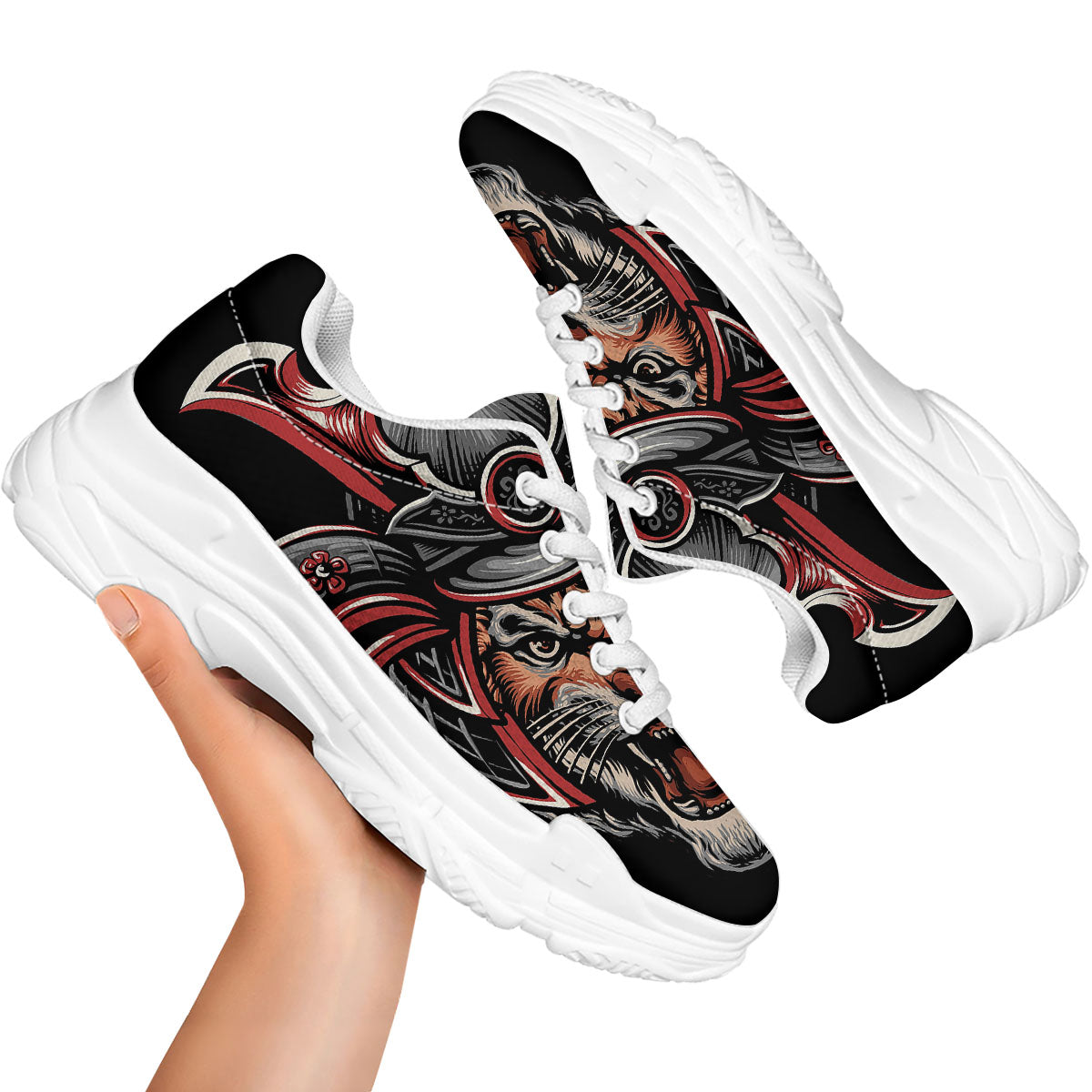 Tiger And Japanese Samurai Print White Chunky Shoes-grizzshop