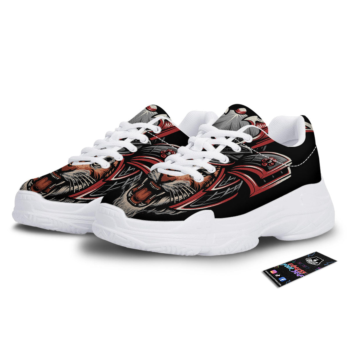 Tiger And Japanese Samurai Print White Chunky Shoes-grizzshop