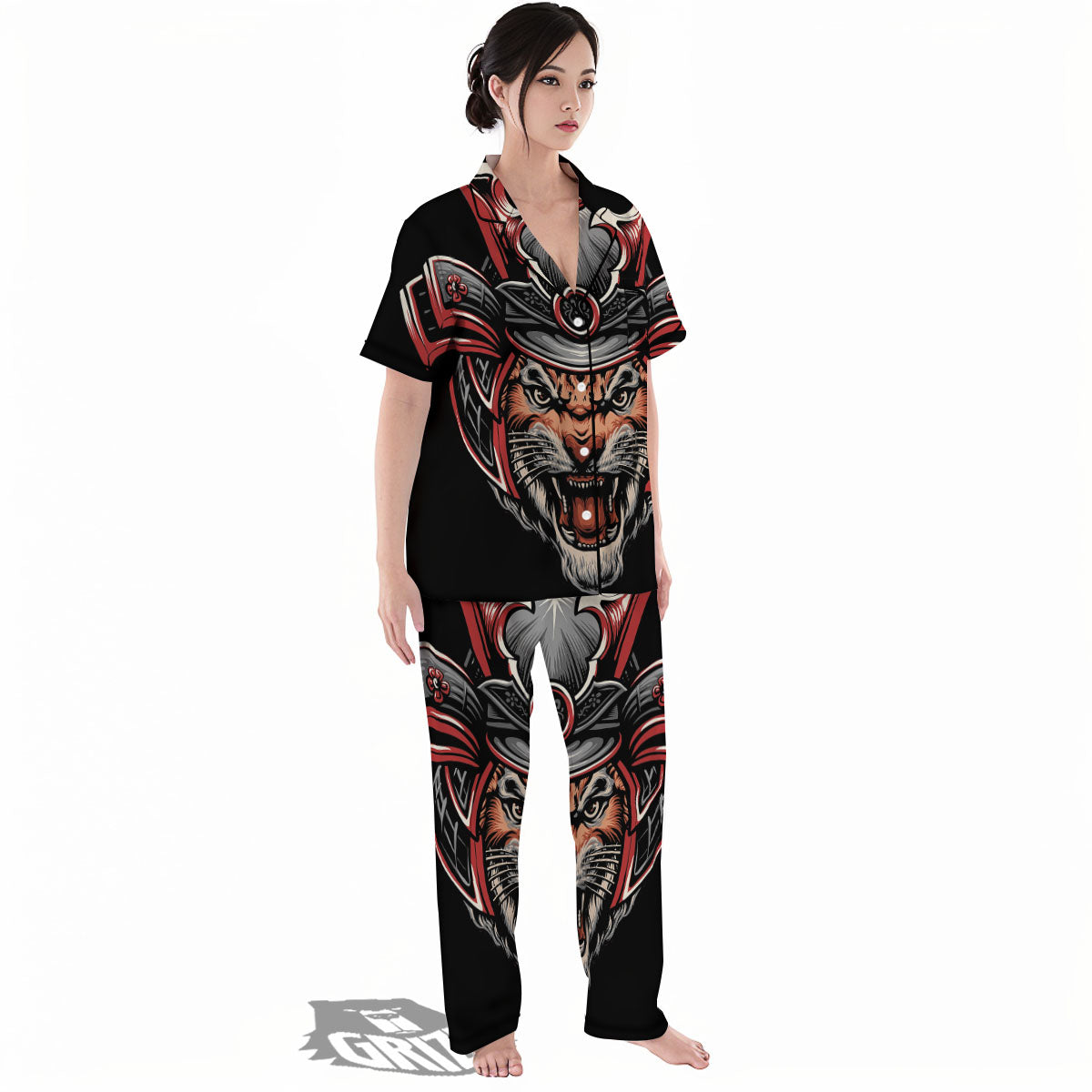 Tiger And Japanese Samurai Print Women's Pajamas Set-grizzshop