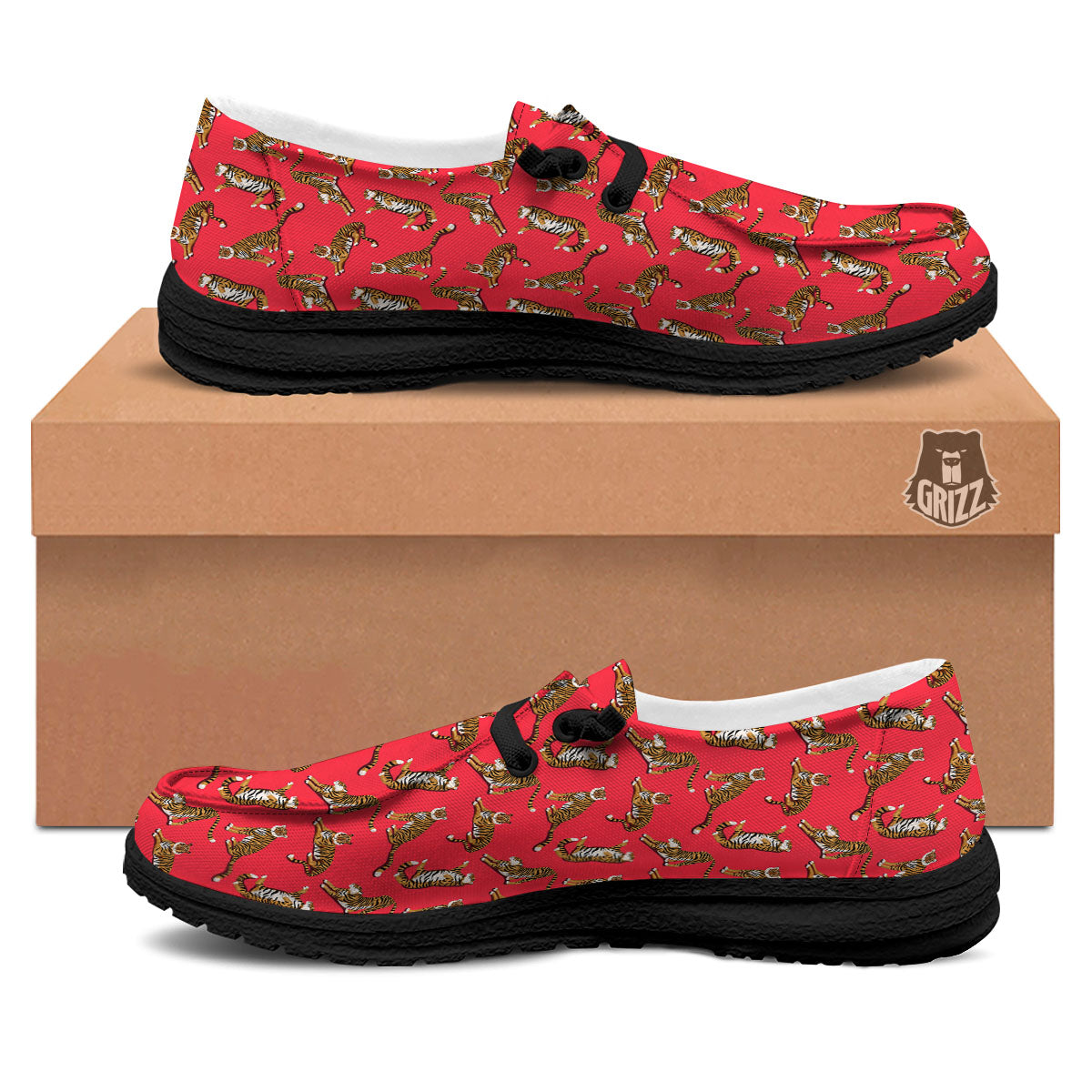Tiger Cartoon Print Pattern Black Loafers-grizzshop