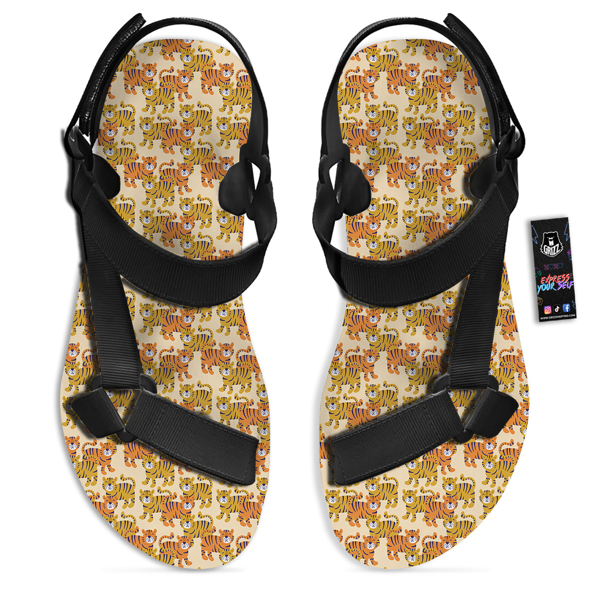 Tiger Cute Print Pattern Black Open Toe Sandals-grizzshop
