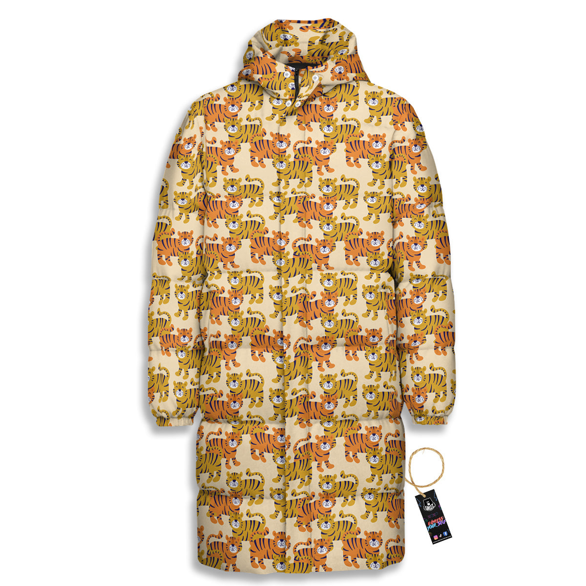 Tiger Cute Print Pattern Long Down Jacket-grizzshop